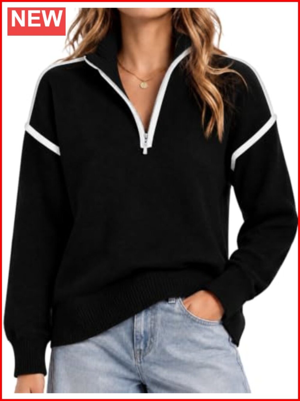 Quarter Zip Pullover Sweater Long Sleeve Collared Striped Knit Top Women